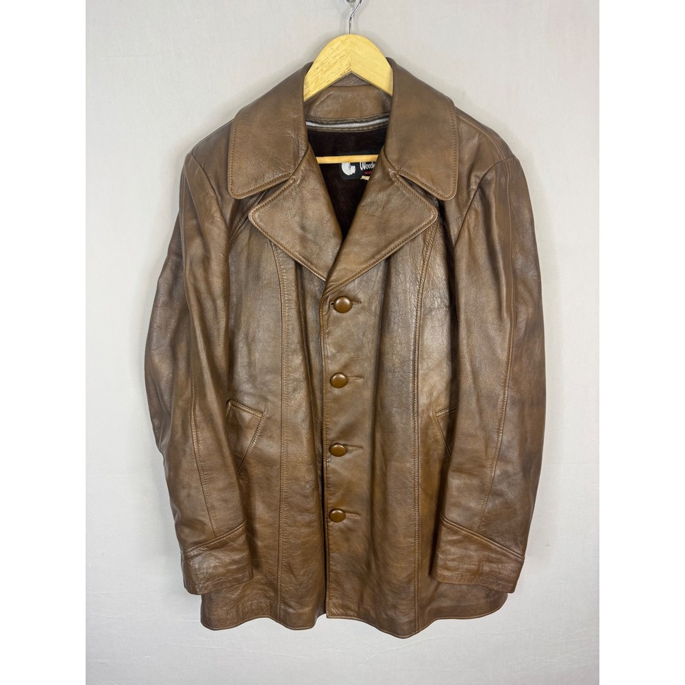 Vintage 70s Woodwards Mens Brown Leather Car Coat Faux Fur Lined Jacket Size‎ 42